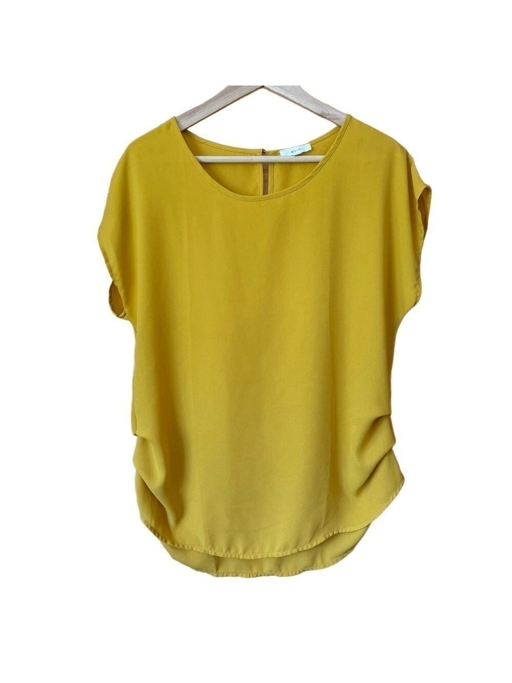 MINE shirred cap sleeve scoop neck mustard blouse size large